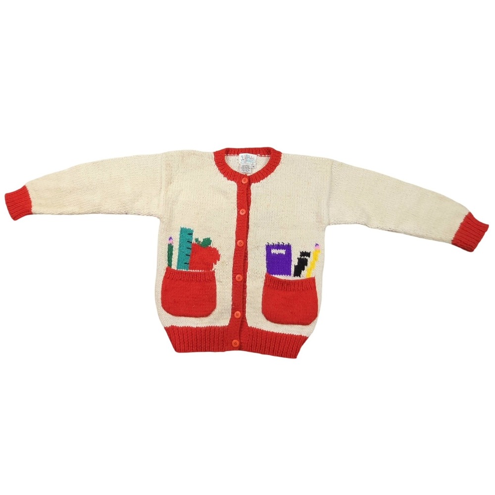 Vintage Hearts & Triangles Kids Knit Cardigan School Apple Embroidered Cream Red